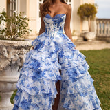 Vestido de Gala Sereia Floral Azul